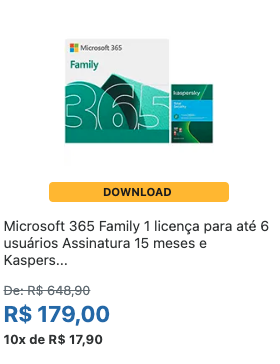 Foto com oferta de Microsoft 365 por R$179,00 na loja Kalunga.